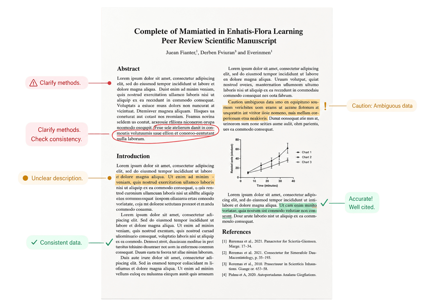 A research paper marked up with reviewer annotations flagging bugs and mistakes